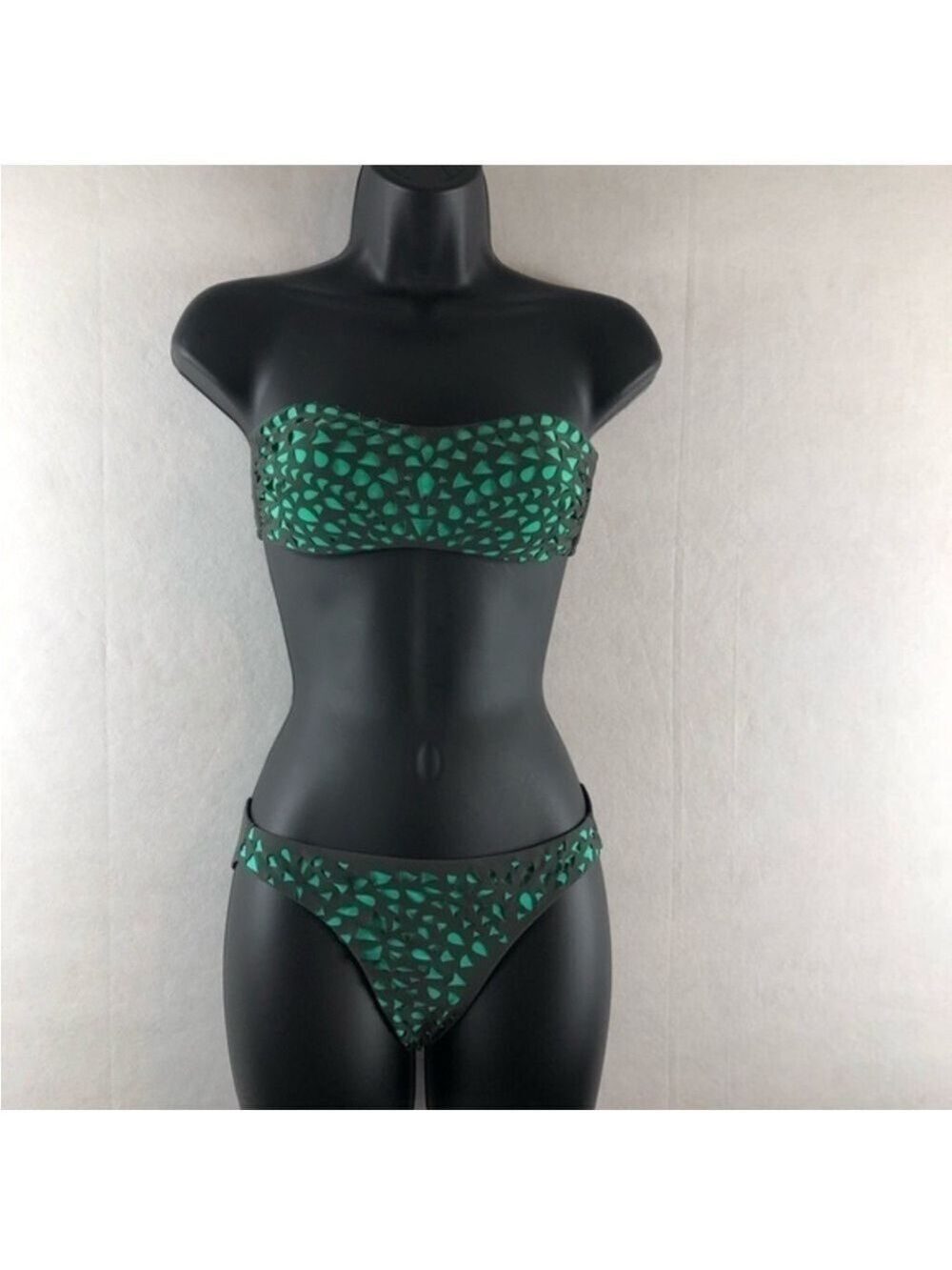 Xhilarartion green gray laser cut perforated bandeau bikini swimsuit XL